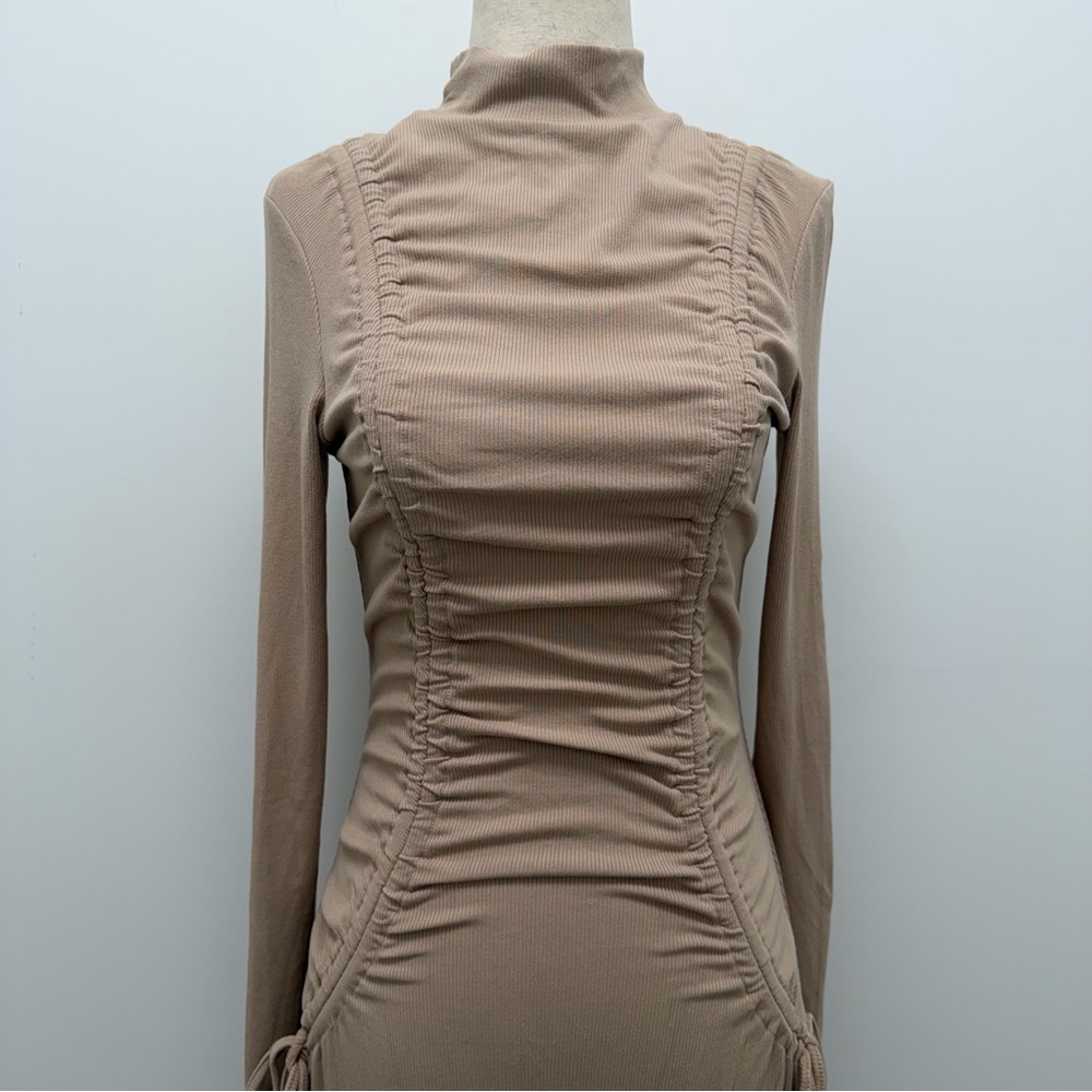 Zahraa The Label Ruched Tie Ribbed Beige Maxi Dress Size Medium - Picture 3 of 14